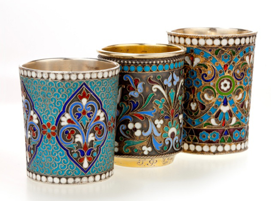 This set of three Russian enamel beakers is priced at £950 ($1490) with Shapiro & Co. at the Luxury Antiques Weekend at Tortworth Court in Gloucestershire from 24 to 26 February. Image courtesy Tortworth Court/Luxury Antiques Weekend.